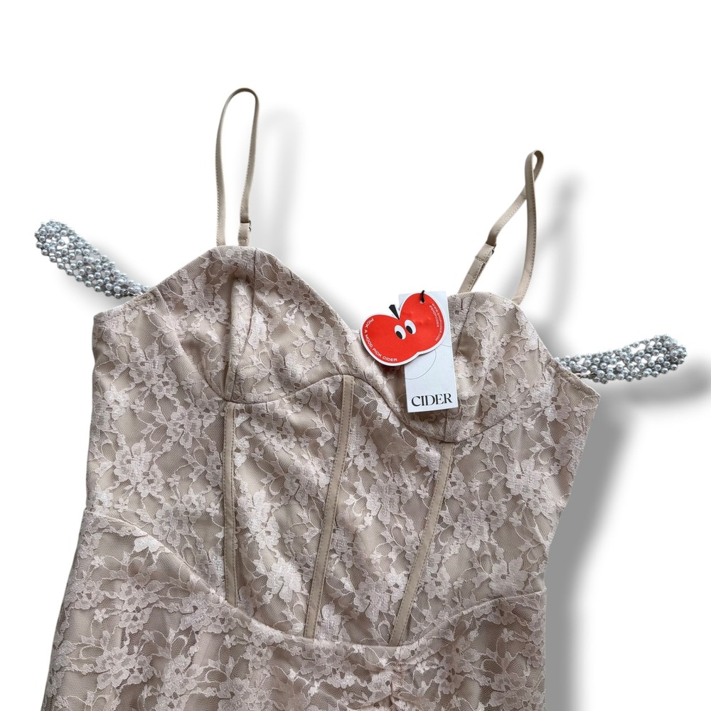 Cider Women's M Beige Floral Lace Corset Pearl Straps Midi Dress Bridal Coquette
